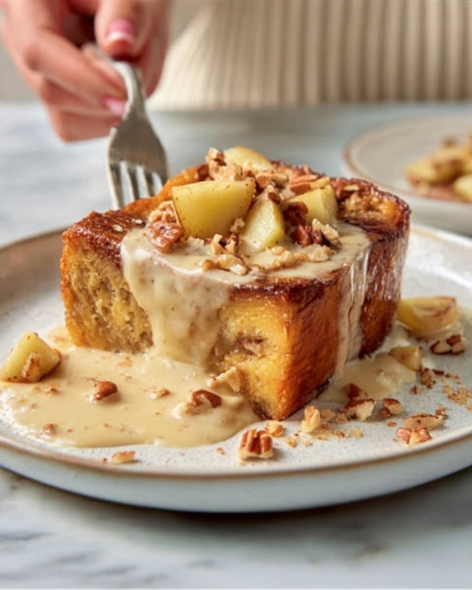 A thick slice of golden brown bread pudding sits on a white plate with a white marbled surface beneath. The bread pudding is dense with visible pieces of nuts inside and has a slightly caramelized crust. On top, there is a creamy beige sauce generously poured over the pudding, partly covering it. Small chunks of light yellow apple and crushed nuts are scattered on the sauce, adding texture and color contrast. A woman's hand holding a fork is gently cutting into the bread pudding. photo taken with an iphone --ar 4:5 --v 7