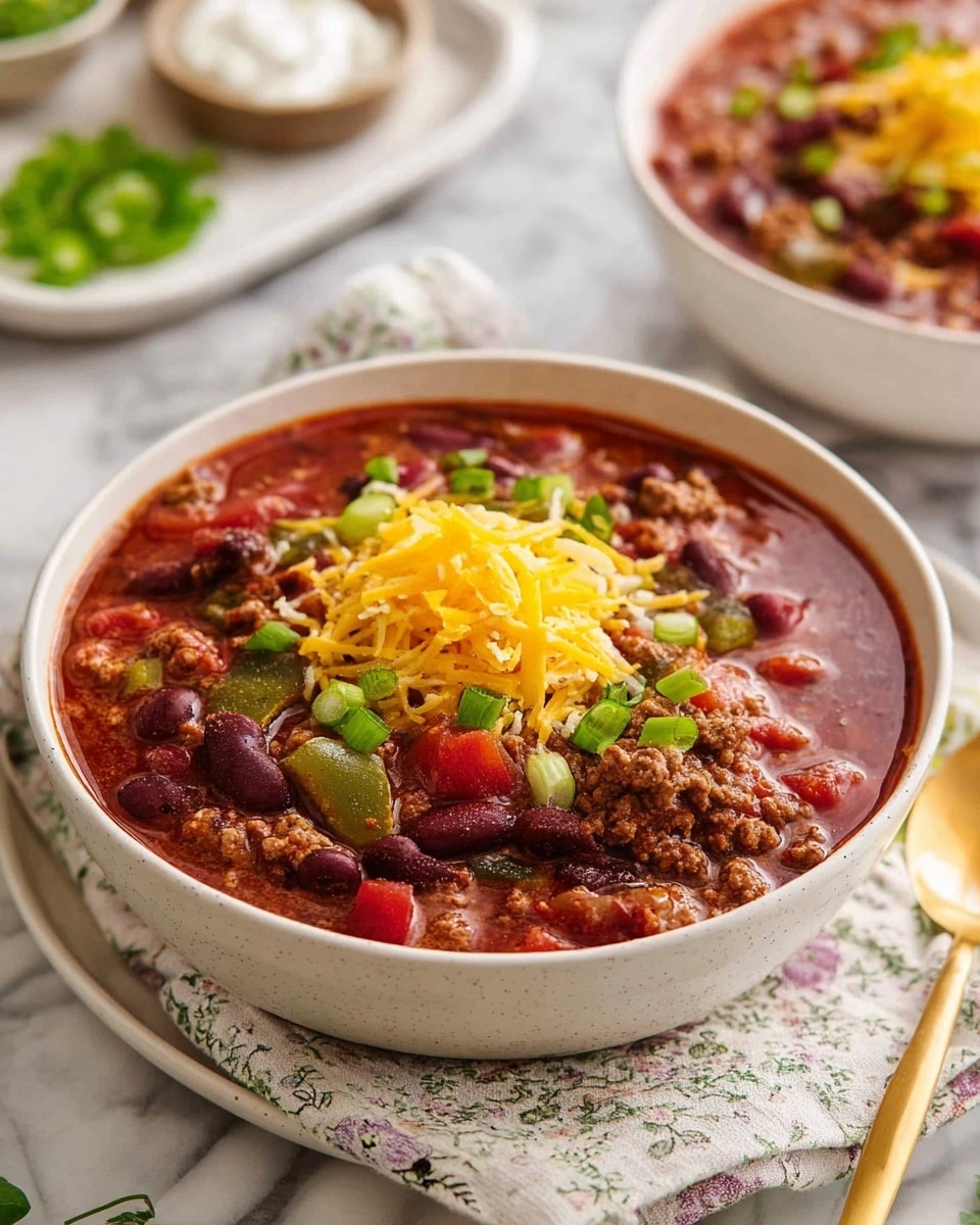 A white bowl filled with thick chili soup, showing layers of dark red kidney beans, brown ground meat, and bright red tomato chunks in a deep reddish broth. On top, there is a small pile of thin, shredded bright yellow cheese and scattered pieces of chopped green onions. The bowl sits on a cloth with a floral pattern next to a gold spoon on a white marbled surface. In the blurred background, there is another similar bowl and a white plate holding chopped green onions and a small bowl of white sour cream photo taken with an iphone --ar 4:5 --v 7
