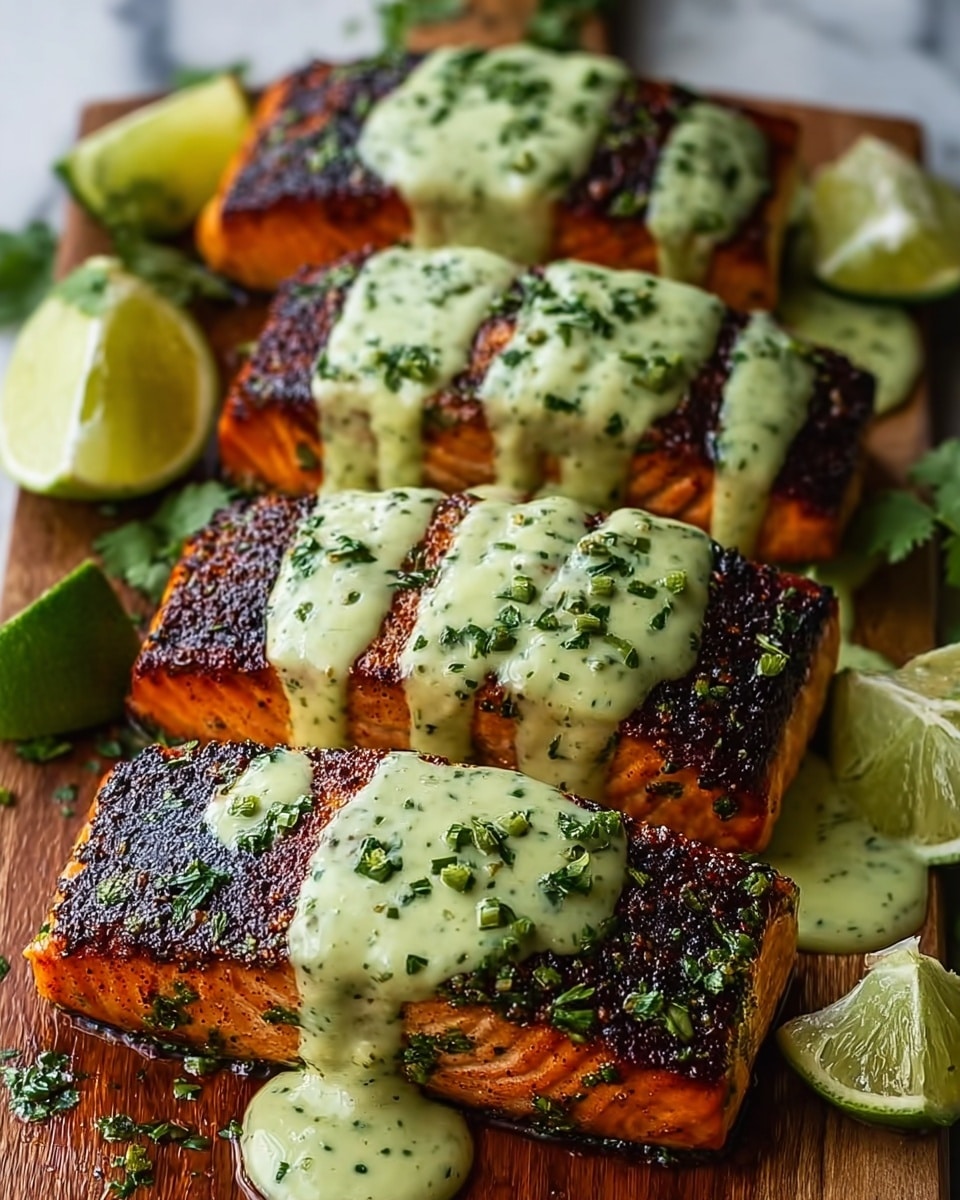 The image shows four thick salmon filets arranged in a row on a wooden board, each filet covered with a thick layer of green herb sauce drizzled in stripes from side to side. The salmon has a deep orange color with a dark charred crust on top, sprinkled with small green herb pieces. The sauce on top is creamy with a smooth texture, lightly speckled with green bits, cascading down the sides of the salmon. Around the salmon pieces, there are lime wedges with bright green skin and juicy, light green flesh. The background surface is a white marbled texture. photo taken with an iphone --ar 4:5 --v 7