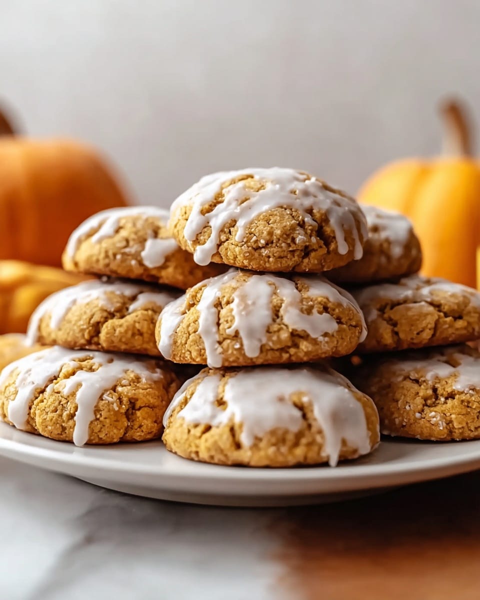 A pile of nine rough-textured, golden brown cookies sits on a white plate, each cookie topped with a single uneven layer of white icing dripped in different directions. The cookies have a chunky, cracked appearance, showing their soft and crumbly texture. In the softly blurred background, there are hints of warm orange pumpkins adding an autumn feel. The whole scene rests on a white marbled surface, creating a clean and bright look. photo taken with an iphone --ar 4:5 --v 7