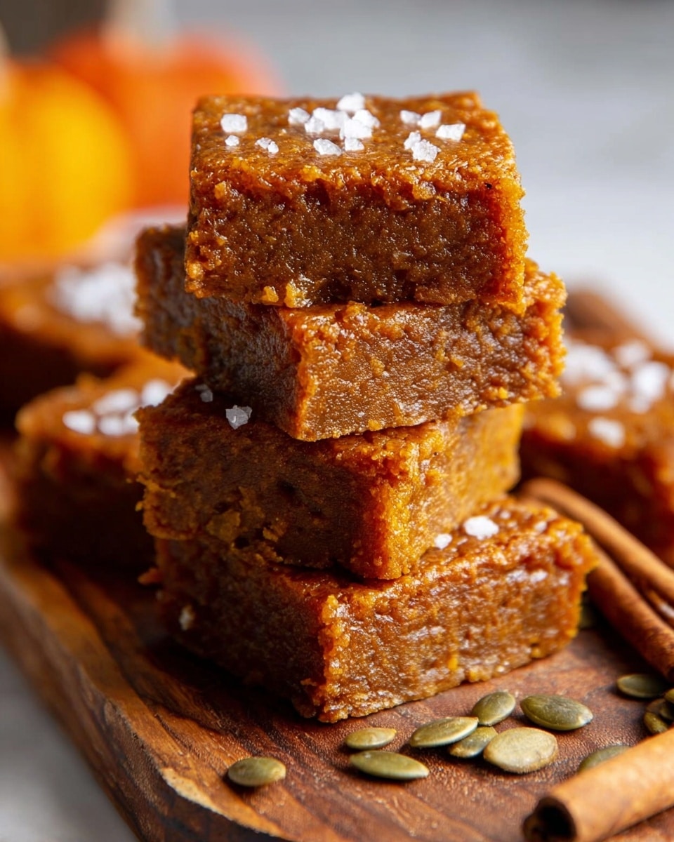 A close-up image shows four square pumpkin bars stacked unevenly on top of each other on a wooden board, each bar having a rich orange-brown color with a moist, dense texture and a slightly rough top sprinkled with a few white coarse salt crystals and pumpkin seeds. The background is softly blurred with warm orange tones suggesting autumn, and there are some cinnamon sticks and scattered pumpkin seeds on the board below. The scene is set against a white marbled surface. photo taken with an iphone --ar 4:5 --v 7