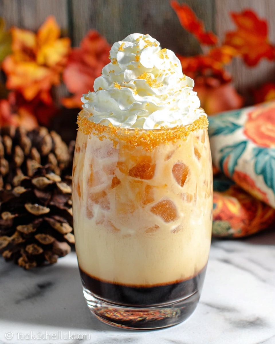 A clear glass filled with a creamy, light beige iced drink containing small ice cubes is shown. At the bottom, there is a thin dark layer. The rim of the glass is coated with a golden brown crumb-like substance. On top of the drink, a dollop of white whipped cream is placed. The glass is set on a white marbled surface, with colorful fall-themed cloth and pinecones in the blurry background. photo taken with an iphone --ar 4:5 --v 7