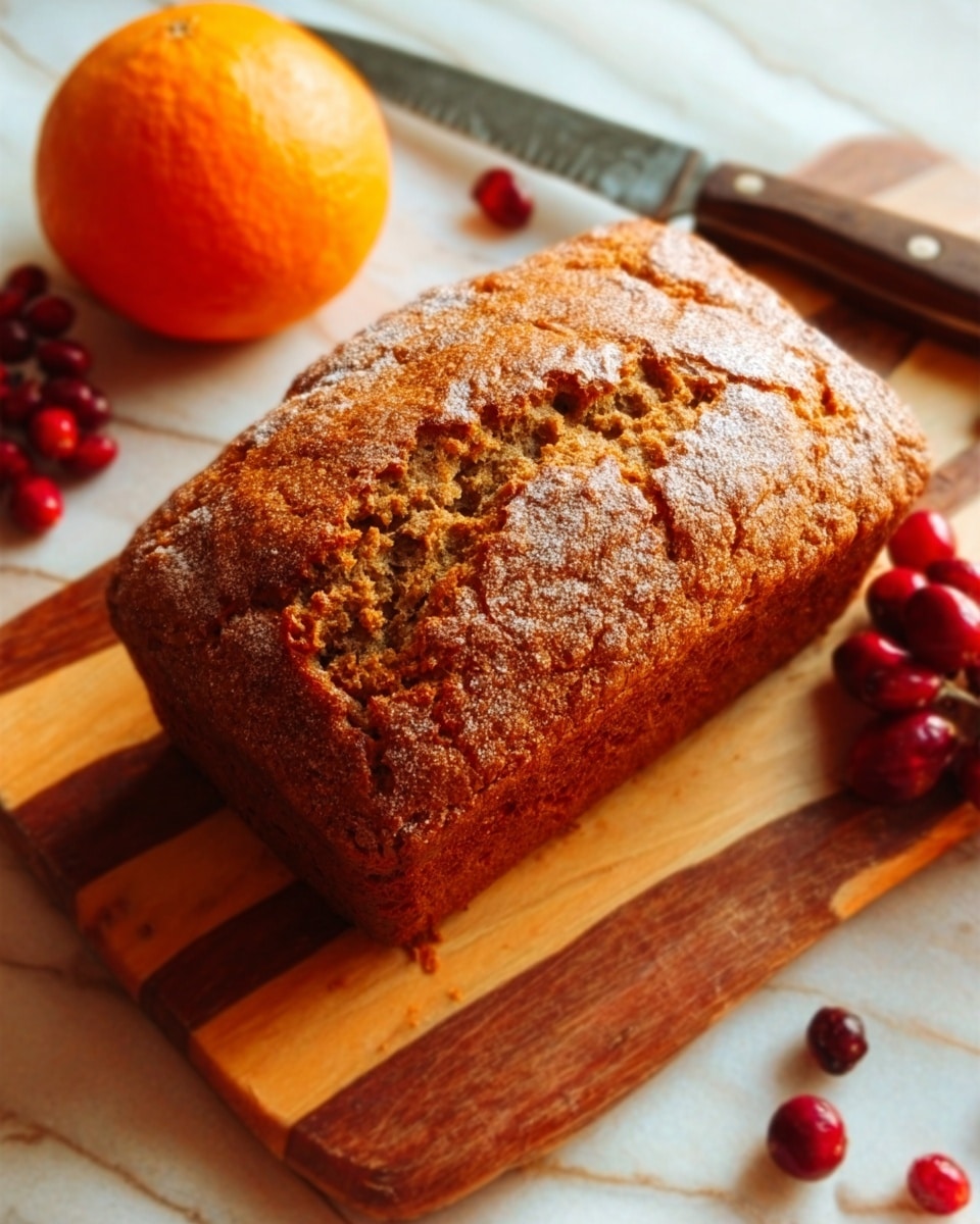 A loaf of golden-brown bread with a textured, slightly cracked top crust sits on a cutting board with natural wood stripes. To the left of the bread, an orange and a small bunch of red berries add bright pops of color. A knife with a silver blade and dark handle rests above the bread. The scene is set on a white marbled surface. photo taken with an iphone --ar 4:5 --v 7