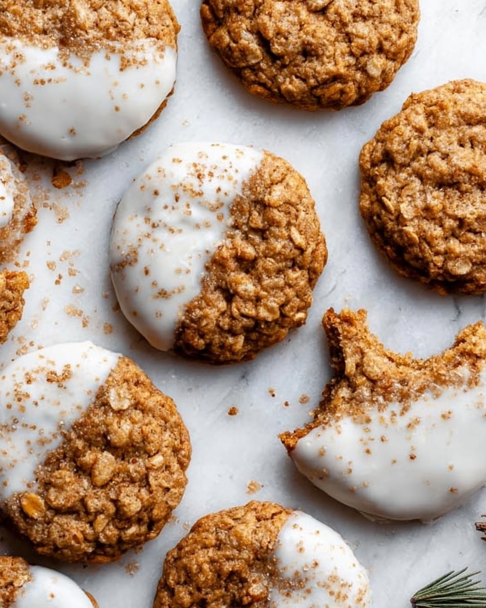 The image shows a group of round oatmeal cookies with a rough and crunchy texture scattered on a white marbled surface. Some cookies are half-dipped in white glaze with small brown specks sprinkled on top. One cookie is bitten, exposing a soft, chewy inside. The cookies have a warm golden-brown color with visible oats, and crumbs are lightly spread around them, adding to the casual and tasty look. Photo taken with an iphone --ar 4:5 --v 7