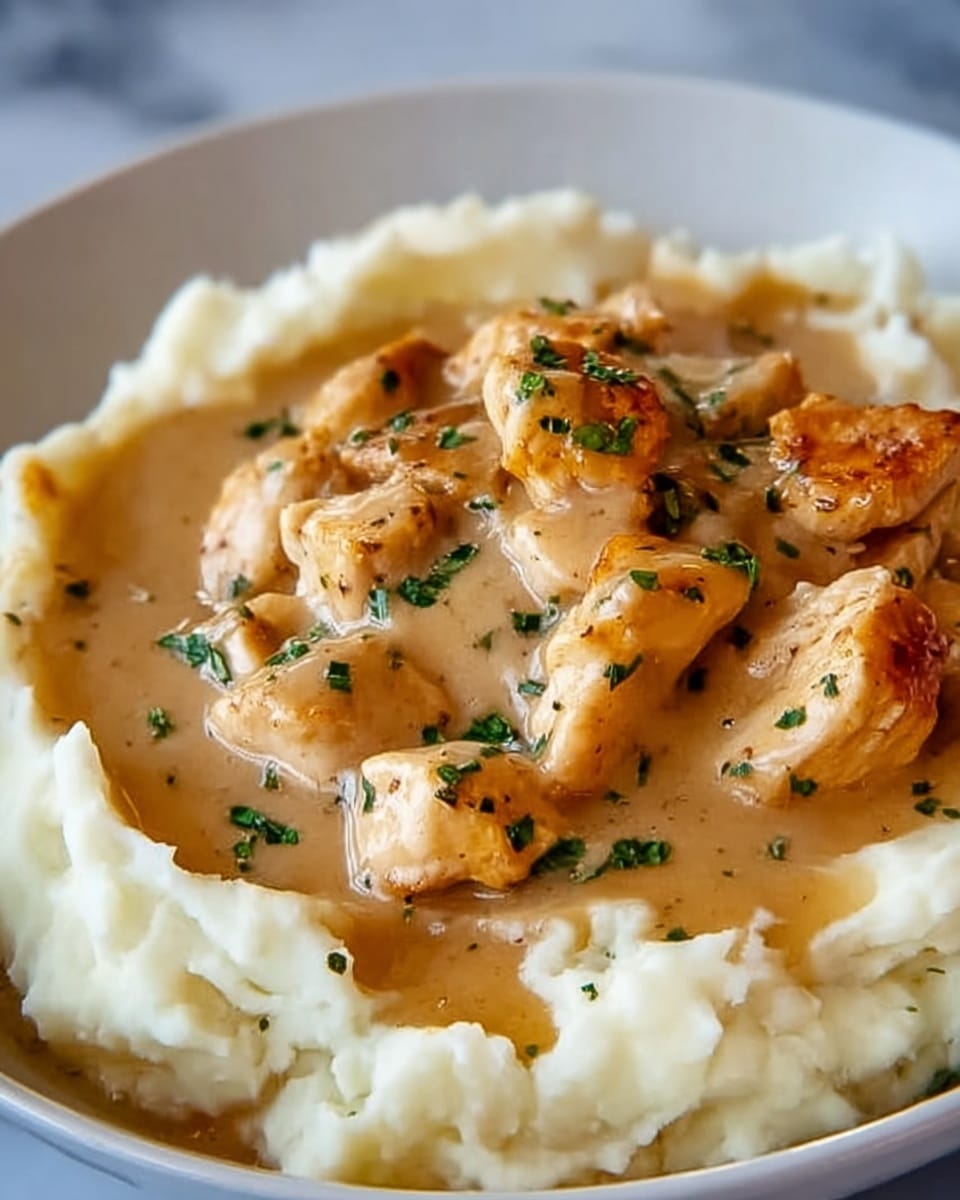 A close-up of a white bowl filled with mashed potatoes forming a thick base layer, smooth and creamy with a pale off-white color. On top is a second layer of bite-sized golden-brown chicken pieces covered in a shiny, light brown creamy gravy sauce, with a slightly thick texture. The dish is sprinkled with small green herb pieces scattered lightly over the gravy for contrast. The background is a white marbled texture. Photo taken with an iphone --ar 4:5 --v 7