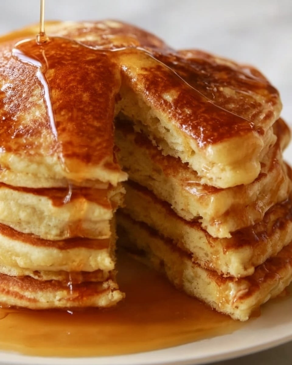 A close-up view of a stack of thick, golden brown pancakes on a white plate set on a white marbled surface. The pancakes have a soft texture with slightly crispy edges and are arranged in about six layers, each layer showing a light fluffiness inside. The top pancake is partially cut, and golden syrup is being poured over, dripping down the sides and soaking into the top layers, creating a shiny, sticky look. Photo taken with an iphone --ar 4:5 --v 7