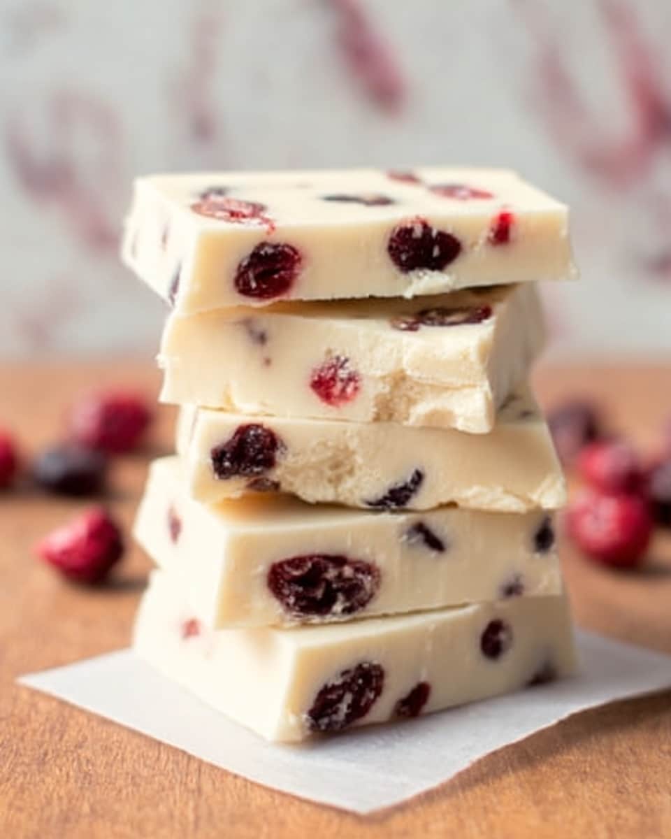 The image shows a neat stack of four white chocolate bars with dark red dried cranberries inside, each piece rectangular and smooth. The white chocolate is creamy and light, with visible bits of cranberries spread evenly through each bar. The bars are stacked on a small piece of parchment paper on a wooden surface, and a white marbled background is visible behind them. Photo taken with an iphone --ar 4:5 --v 7