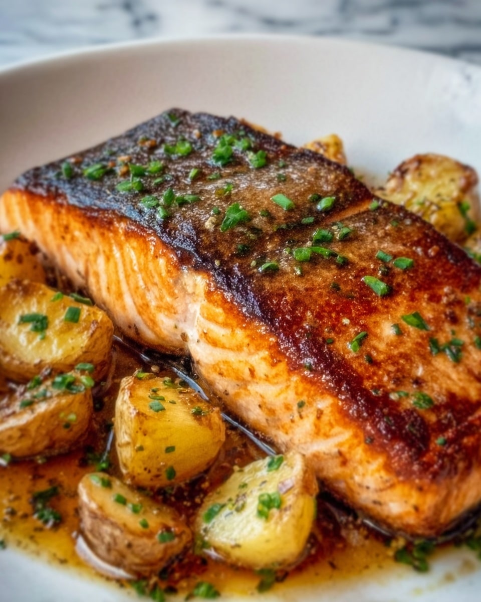 A thick, golden-brown grilled salmon fillet sits on a white plate, with crispy skin visible on top and juicy, flaky flesh underneath. Around the salmon, small roasted potato chunks with a light golden color and some green herbs are scattered. The dish is garnished with finely chopped green herbs on top of the fish. The white plate rests on a white marbled surface, giving a clean and fresh look. photo taken with an iphone --ar 4:5 --v 7