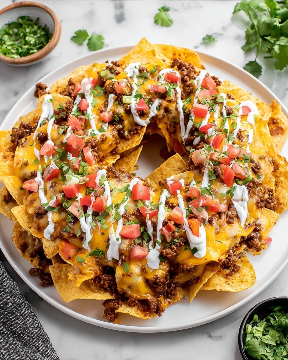 A white round plate with a ring of nachos arranged in layers creates a crown shape. The bottom layer consists of light golden crispy tortilla chips scattered evenly. The second layer has browned ground beef pieces spread over the chips. Melted yellow and white cheese covers the meat and chips with a gooey texture. Small cubes of red tomatoes and chopped green herbs are sprinkled on top, adding fresh color. Thin lines of white sour cream are drizzled nicely over the entire dish. The plate sits on a white marbled surface with some green cilantro in the background. photo taken with an iphone --ar 4:5 --v 7