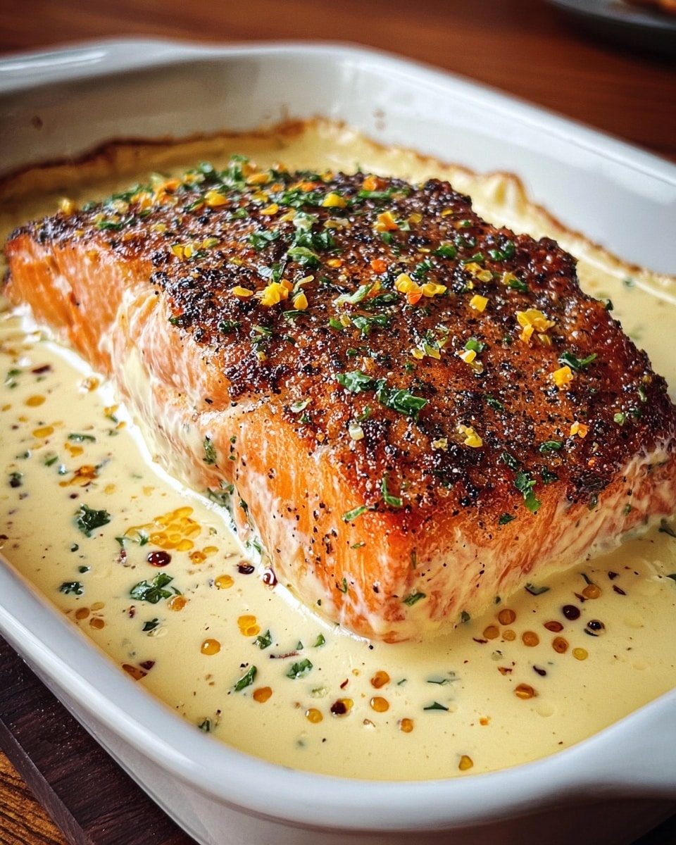 A large thick piece of cooked salmon with a crispy brown and black crust on top sits in a white baking dish filled with creamy light yellow sauce. The sauce covers one part of the top of the salmon and is sprinkled with small green herbs and black pepper flakes, along with tiny yellow bits. The texture of the salmon is moist and flaky with visible layers of pink and orange. The background shows a brown wooden table with a white marbled texture underneath. Photo taken with an iphone --ar 4:5 --v 7