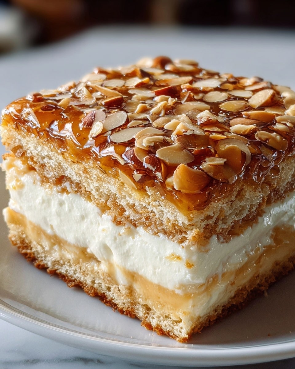 A close-up of a square dessert with three layers of light brown cake separated by two creamy white filling layers, the bottom filling is thicker and smoother while the middle filling is lighter and fluffier. On top, there is a shiny caramel-colored glaze sprinkled with toasted almond slices covering the entire surface. The dessert sits on a white plate placed on a white marbled surface. Photo taken with an iphone --ar 4:5 --v 7