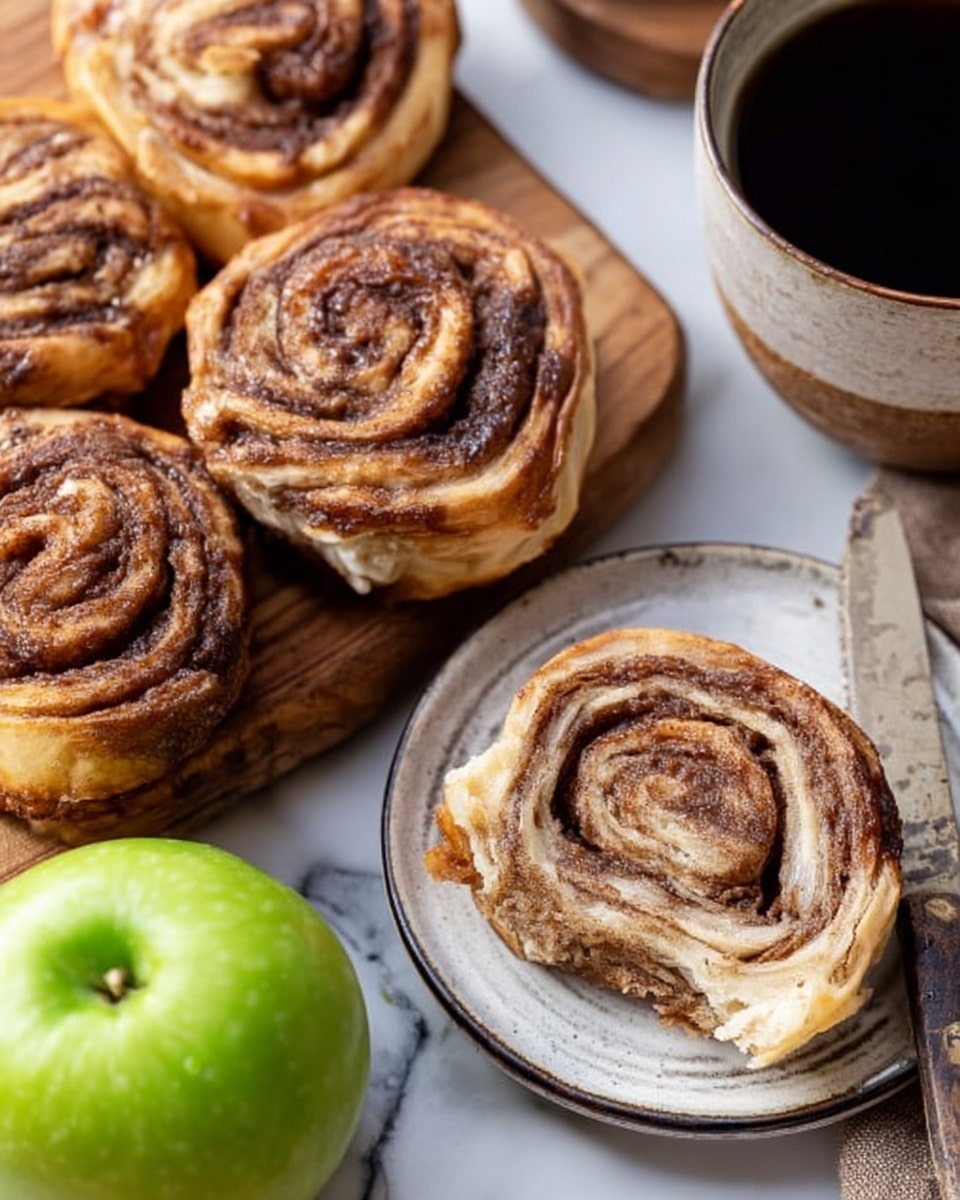 The image shows several cinnamon swirl buns with a golden brown crust and visible layers of cinnamon sugar spiraled inside. One bun is cut open on a round white plate with a smooth but slightly textured brown surface, revealing soft, fluffy layers spiraled tightly together with dark cinnamon stripes. A butter knife lies next to the buns on the plate. Around the plate, there are more cinnamon buns placed on a wooden surface, along with a shiny green apple and a cup of black coffee in a white cup. The background has a white marbled texture. Photo taken with an iphone --ar 4:5 --v 7