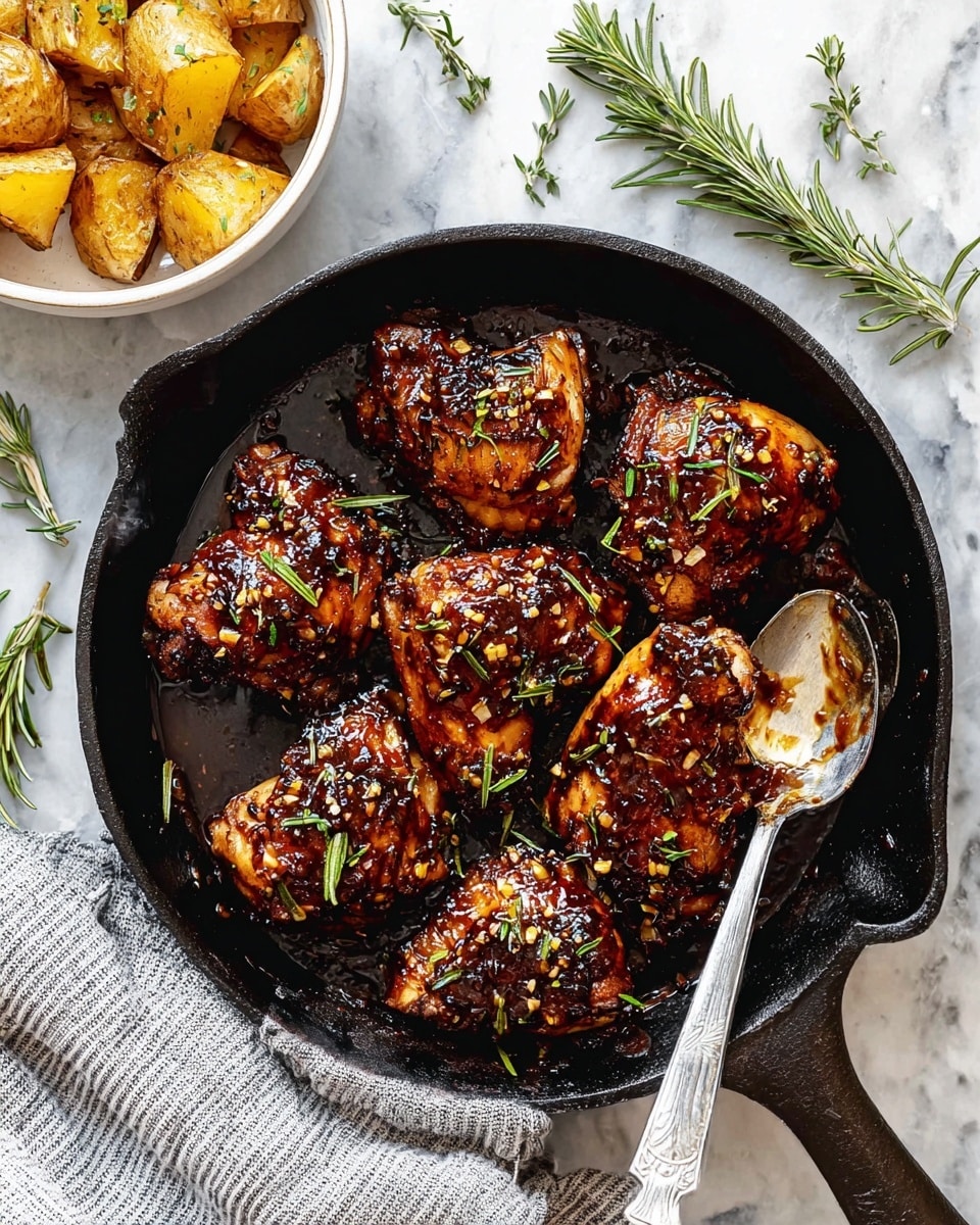 A black cast iron skillet filled with eight pieces of glazed grilled chicken, each piece with a dark shiny sauce coating and slightly charred edges, garnished with sprigs of fresh green rosemary evenly placed on top and around the chicken; the skillet sits on a white marbled surface. A silver spoon rests inside the skillet, touching one of the chicken pieces. In the upper left corner, a white bowl holds golden brown roasted potatoes with visible seasoning. A folded striped gray and white cloth is partially visible in the bottom left corner. Scattered rosemary sprigs are on the white marbled surface around the skillet and bowl. Photo taken with an iphone --ar 4:5 --v 7