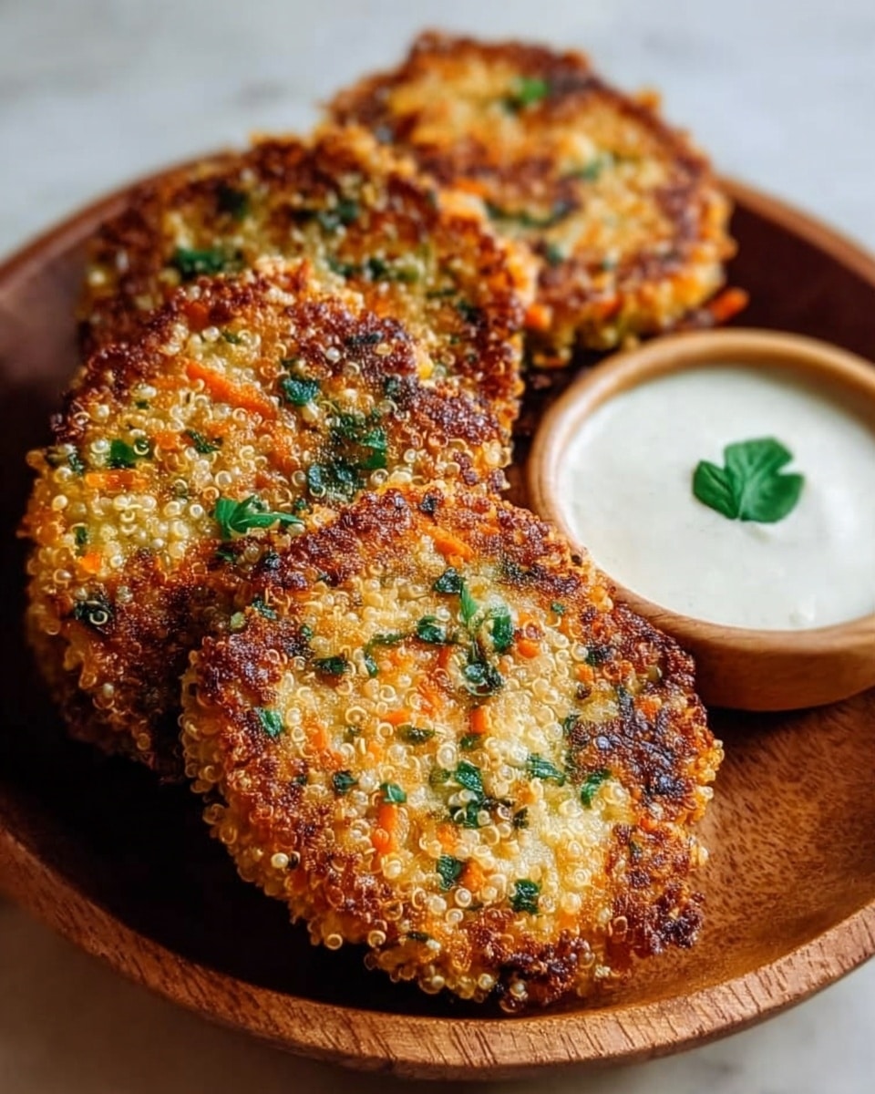 The image shows three crispy, golden-brown patties with a crunchy texture on the edges, speckled with green herbs and small orange pieces, placed closely in a round wooden bowl. Next to the patties is a small bowl of white creamy sauce topped with a green herb leaf. The background is a white marbled texture that contrasts with the warm colors of the food. photo taken with an iphone --ar 4:5 --v 7