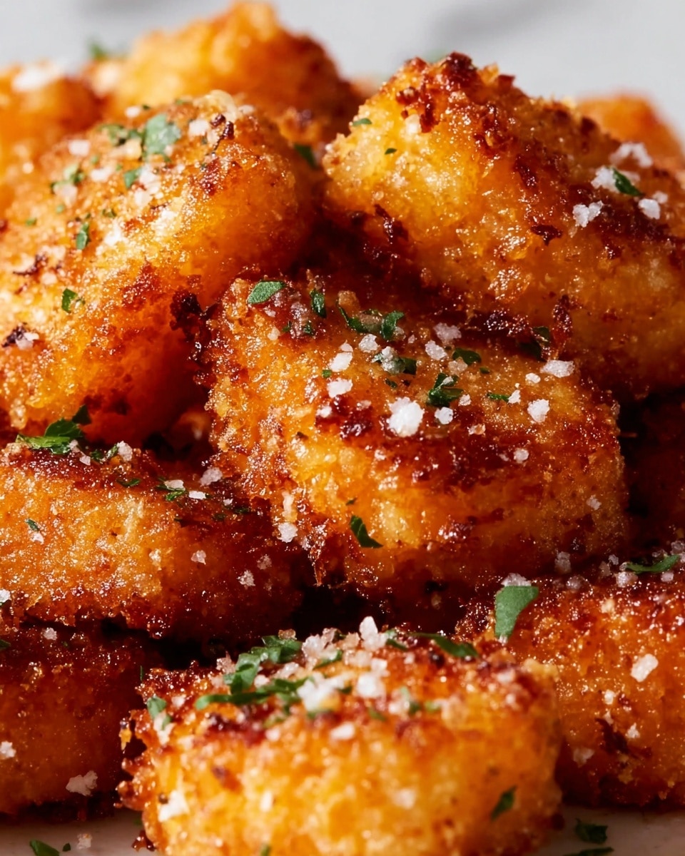 A close-up view of several golden brown breaded nuggets piled together. Each nugget has a crispy, crunchy coating with areas of darker browning, giving a toasted texture. Small flakes of white salt are scattered on the surface along with tiny green herb pieces, adding color contrast. The coating looks rough and grainy, highlighting the fried texture of the nuggets. The dish sits on a white marbled surface, filling the frame with a warm, inviting look. photo taken with an iphone --ar 4:5 --v 7