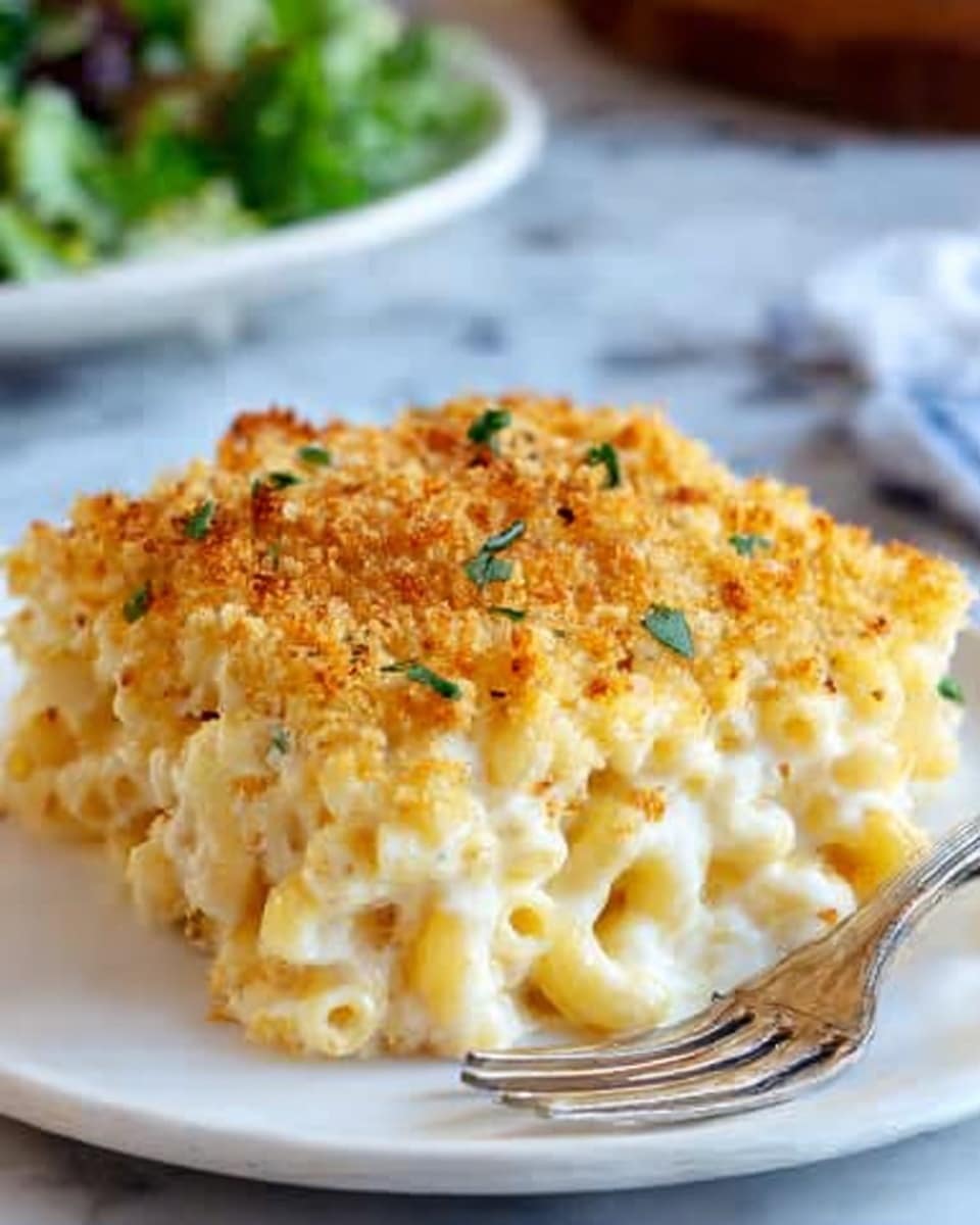 A white round plate holds a square piece of baked macaroni and cheese with a golden brown breadcrumb topping that looks crispy and toasted. Underneath the crunchy layer, creamy and smooth pasta with small elbow macaroni is visible, coated in a rich, melted cheese sauce that is thick and slightly stringy. A fork rests on the right side of the plate, and the background has a white marbled texture with a blurred green leafy salad in the distance. The photo is clear and bright, showing the warm, comforting textures of the dish. Photo taken with an iphone --ar 4:5 --v 7