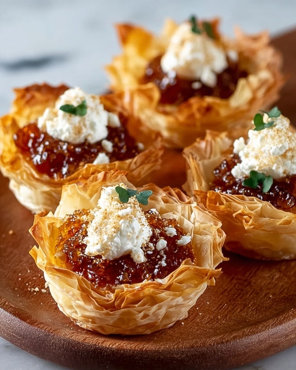 The image shows four small tartlets on a round brown wooden board, each made of thin, crispy, golden-brown phyllo pastry forming a cup shape with multiple flaky layers. Inside each cup is a thick, amber-colored, glossy layer that looks smooth and slightly sticky. On top of this layer, there is a dollop of soft white cheese with a crumbly texture, and small green herb sprigs with tiny leaves are placed on the cheese for garnish. Small crumbs and a few sprigs of herbs are scattered lightly around the tartlets on the board. The background is a white marbled surface, and a woman's hand is gently holding the board. Photo taken with an iphone --ar 4:5 --v 7