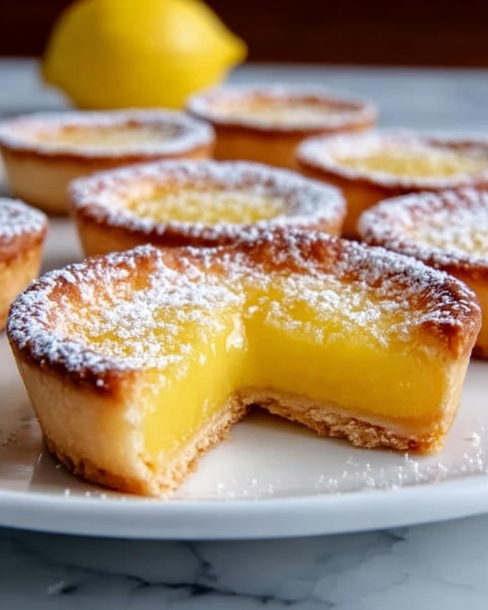 The image shows a close-up of four small lemon tarts on a white rectangular plate placed on a white marbled surface. Each tart has three visible layers: a golden-brown, slightly crispy crust at the bottom, a smooth, shiny yellow lemon filling in the middle, and a light dusting of powdered sugar on top. One tart in the front is cut in half, revealing the thick, creamy lemon layer inside. The tarts look fresh and glossy, with soft edges and a slight shine on the lemon filling. Photo taken with an iphone --ar 4:5 --v 7