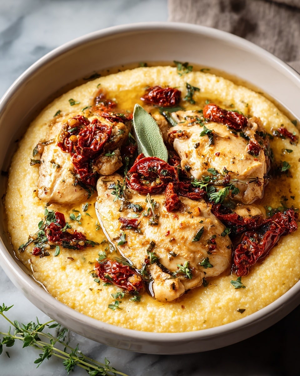 A white bowl filled with a creamy pale yellow base layer, topped with two large pieces of light golden cooked chicken breasts placed close together. Scattered on top are deep red sun-dried tomatoes and dark green chopped herbs, adding color and texture contrast. There is some light seasoning visible on the chicken, along with a small pool of golden oil around the edges. The bowl sits on a white marbled surface, with a small sprig of fresh mint on one side. Photo taken with an iphone --ar 4:5 --v 7