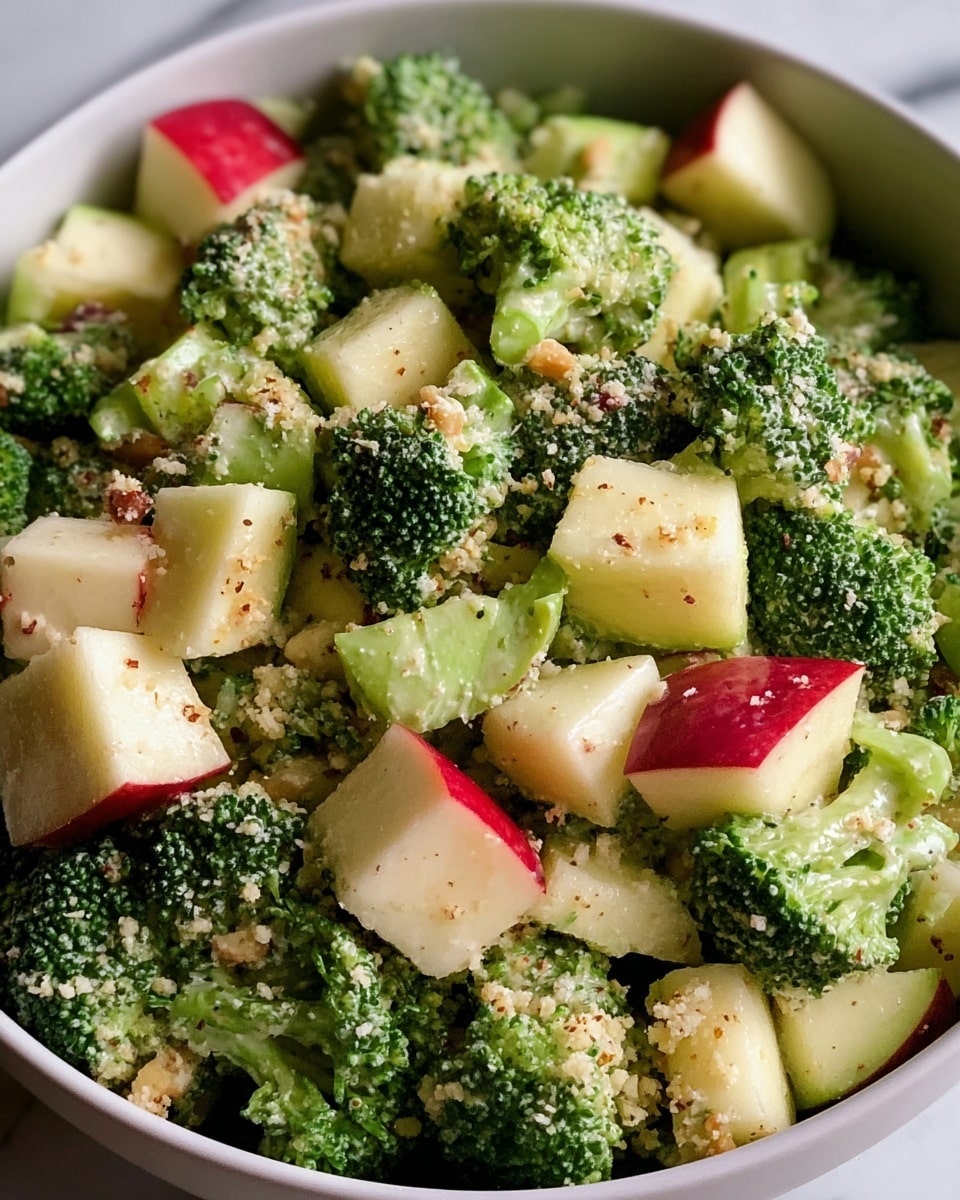 A close-up view of a fresh salad served in a white bowl, with two main layers visible: the first layer consists of bright green broccoli florets with a slightly rough texture, and the second layer is made up of light green and red apple chunks with smooth skin. The salad is sprinkled throughout with small bits of white onion and finely crushed nuts, all lightly coated in a creamy dressing that gives a slight shine. Small specks of black pepper are scattered on top, adding fine dark dots across the colorful mix. The background shows a white marbled surface. photo taken with an iphone --ar 4:5 --v 7