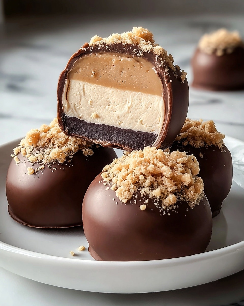 The image shows four round chocolate-covered treats on a white plate, set on a white marbled surface. Each treat has a smooth milk chocolate outer layer and is topped with light brown crumbly bits. One treat is cut in half and placed on top of another, revealing three layers inside: a thick outer milk chocolate shell, a creamy light beige middle layer with a smooth texture, and a thin dark chocolate base layer. The lighting highlights the shiny surface of the chocolate and the texture of the crumbly topping. Photo taken with an iphone --ar 4:5 --v 7