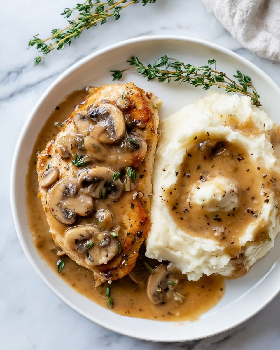 In the white round plate on a white marbled texture, there is a single large piece of golden-brown cooked chicken breast on the left side, covered with smooth brown mushroom gravy that includes sliced mushrooms and small green herbs. On the right side, there is a tall serving of creamy white mashed potatoes with a generous layer of the same brown mushroom gravy drizzled over the top, with visible black pepper specks. Two sprigs of fresh green thyme rest beside the chicken near the top edge of the plate. Photo taken with an iphone --ar 4:5 --v 7
