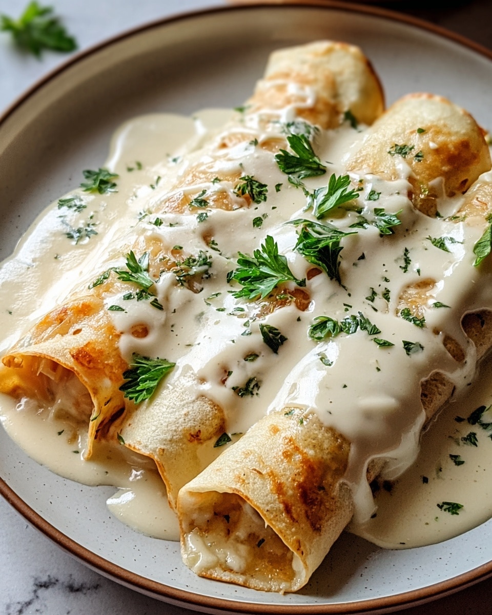 Three rolled crepes with a light golden-brown color lie side by side on a white plate. They are covered with a thick, creamy white sauce that drips thoughtfully over the edges, adding a smooth and rich texture. Fresh green parsley leaves are scattered on top, providing a pop of color and freshness. The plate rests on a white marbled surface. photo taken with an iphone --ar 4:5 --v 7