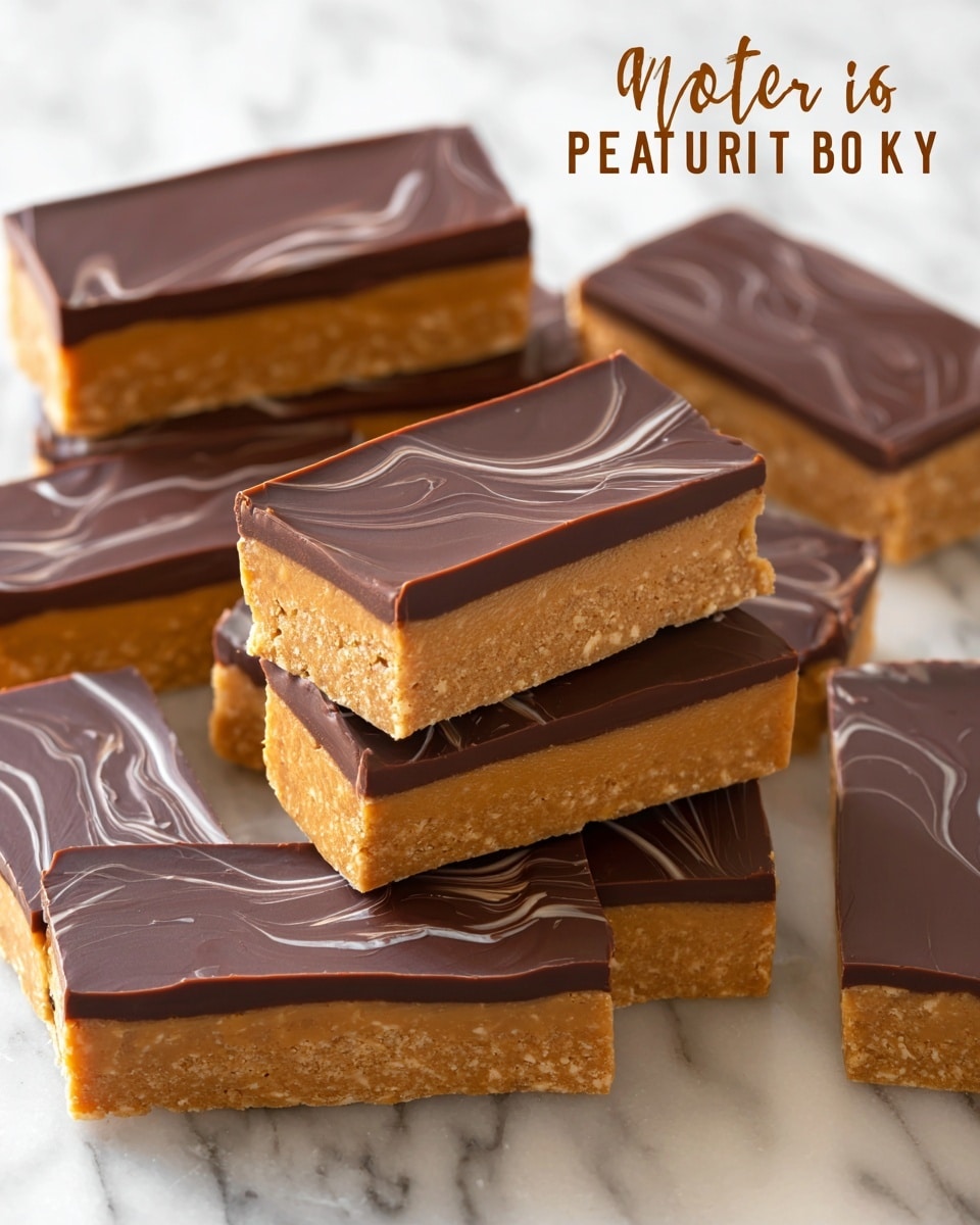 The image shows several rectangular protein bars stacked on a smooth white marble surface. Each bar has two clear layers: a thick, light brown, slightly crumbly bottom layer that looks like peanut butter or oats, topped with a thin, smooth, dark brown chocolate layer with gentle swirls. The bars are neatly cut with clean edges, and the top chocolate layer reflects light, giving a glossy look. In the second part of the image, many bars are spread on a white plate, showing the same two layers clearly. The white marbled background and plate highlight the rich colors and textures of the bars. Photo taken with an iphone --ar 4:5 --v 7