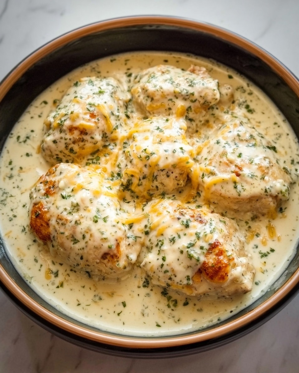 The image shows a round white bowl filled with six pieces of chicken covered in a creamy white sauce with small green herbs sprinkled on top. The chicken pieces have a golden-brown color and a slightly crispy texture, sitting evenly spaced in the sauce. The creamy sauce looks smooth and thick, with visible small green herbs scattered throughout. Some orange-brown cheese is melted on top of the chicken, adding extra color and texture. The bowl is placed on a white marbled surface, giving a clean and bright background. Photo taken with an iphone --ar 4:5 --v 7