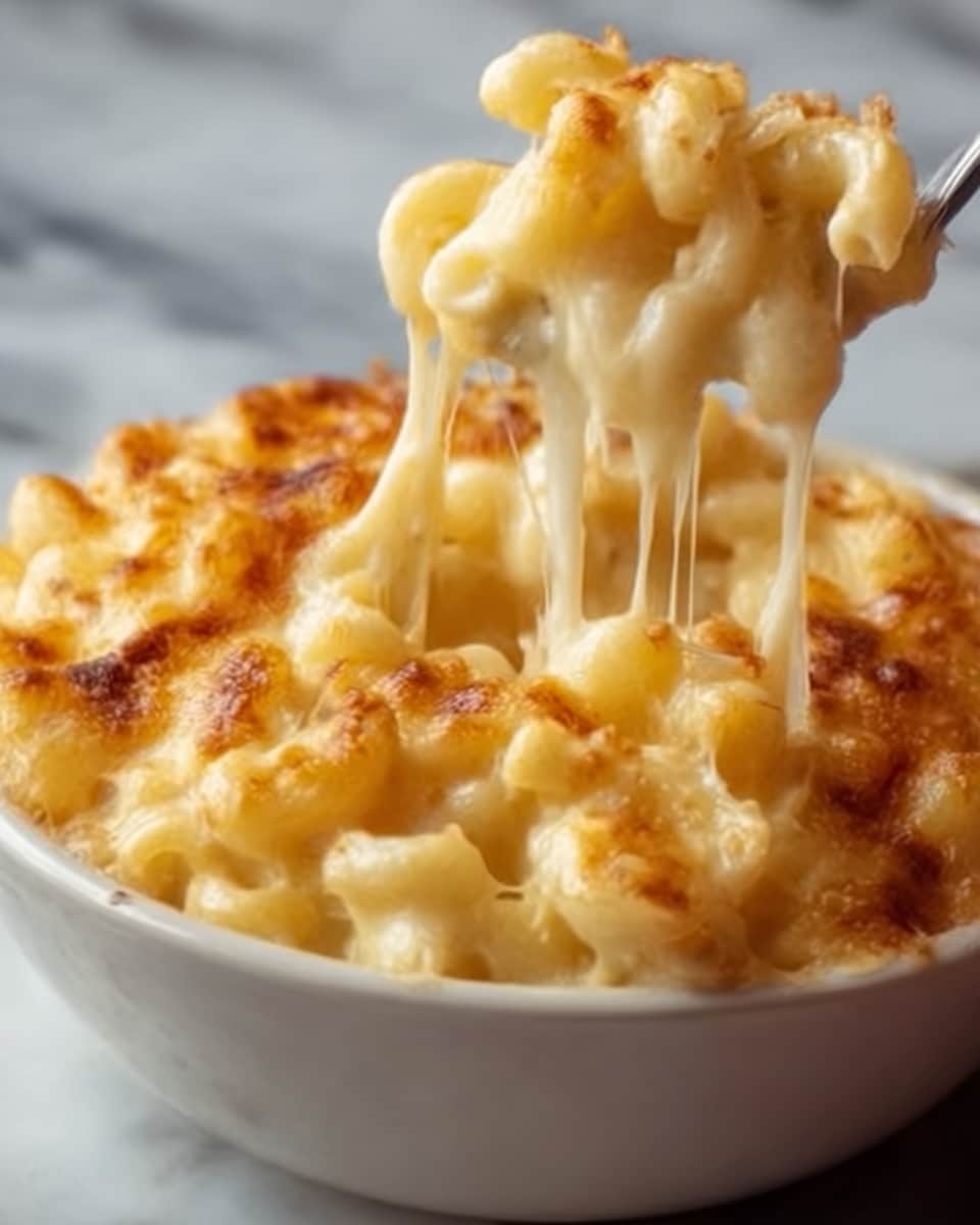 A close-up image of creamy macaroni and cheese in a white bowl, showing three layers: the bottom layer of soft cooked macaroni pasta in pale yellow, the middle layer of melted golden cheese sauce covering the pasta smoothly, and the top layer with bubbly, slightly browned melted cheese stretching as a woman's hand lifts a forkful, creating long gooey cheese strings. The bowl sits on a white marbled textured surface. photo taken with an iphone --ar 4:5 --v 7