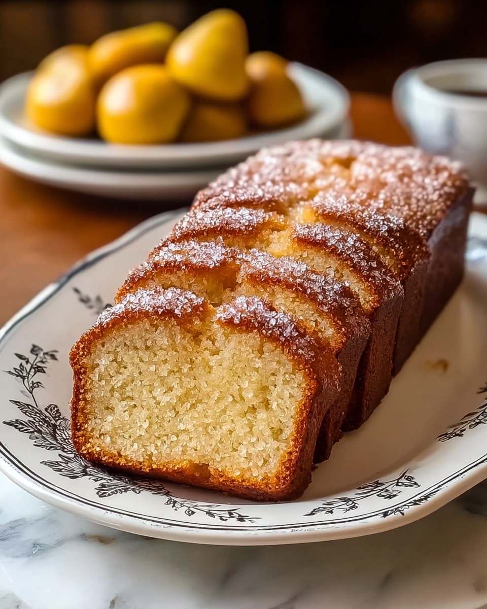 A golden brown loaf cake is sliced into eight even pieces, each slice showing a soft, moist light brown inside with a slightly darker, caramelized crust on the bottom and sides. The top of the cake is coated with a layer of coarse white sugar crystals that add a sparkling texture. The cake is placed on a white plate with delicate black floral patterns along the edge. The background features a white marbled surface with blurred hints of yellow apples and another white plate holding round golden pastries. photo taken with an iphone --ar 4:5 --v 7