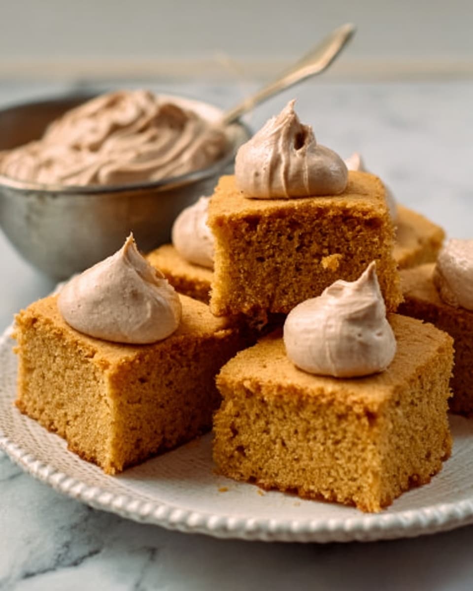 The image shows four square pieces of soft, orange-brown cake stacked on a shiny white plate. Each cake piece has a fluffy, smooth texture with a slightly rough top. Two pieces have a small dollop of light brown, creamy frosting swirled softly on top. Next to the plate, there is a metal bowl filled with more of the same light brown frosting. The whole setting is on a white marbled surface. Photo taken with an iphone --ar 4:5 --v 7