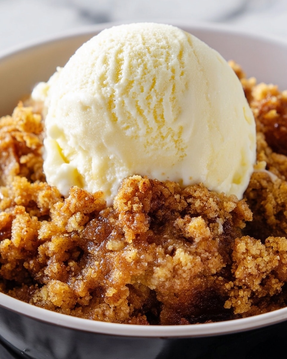 The image shows a close-up of a dessert in a white bowl, featuring a crumbly, golden-brown baked layer with a rough texture that looks soft and moist. On top of this crumbly base, there is a large scoop of creamy vanilla ice cream, smooth and slightly melting around the edges, creating a contrast between the warm crumble and cool ice cream. The setting has a white marbled surface under the bowl. photo taken with an iphone --ar 4:5 --v 7