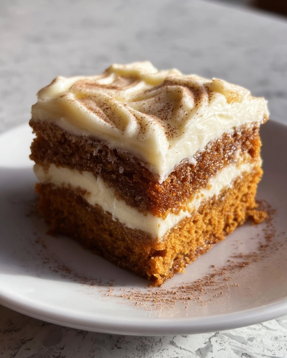 A square piece of cake sits on a white plate with a white marbled texture background. The cake has three layers: the bottom and top layers are moist, brownish-orange cake with a slightly grainy texture, the middle layer is creamy white frosting that looks soft and thick. The top layer of the cake is covered with a thick, creamy white frosting spread evenly with soft waves and a light dusting of brown powder on top. Photo taken with an iphone --ar 4:5 --v 7