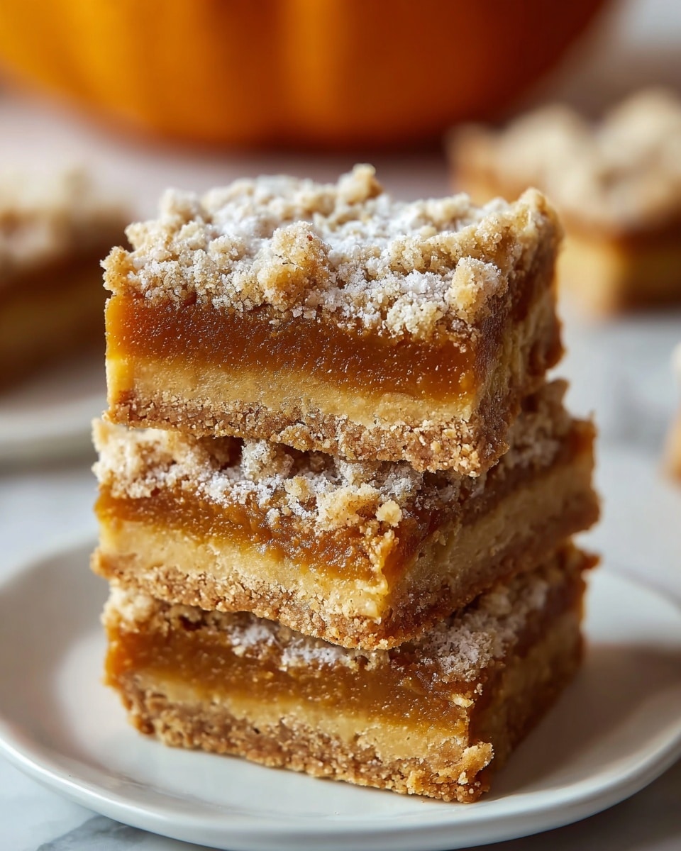 A close-up image of three stacked dessert bars placed on a white plate, each bar showing three distinct layers: a crumbly golden brown crust at the bottom with a slightly coarse texture, a thick middle layer of smooth, rich orange-brown filling, and a top layer of light, crumbly streusel sprinkled with powdered sugar that gives it a soft, snowy look. The dessert bars have clean edges and the background features a soft, out-of-focus white marbled surface with warm tones from a blurred pumpkin in the distance. Photo taken with an iphone --ar 4:5 --v 7