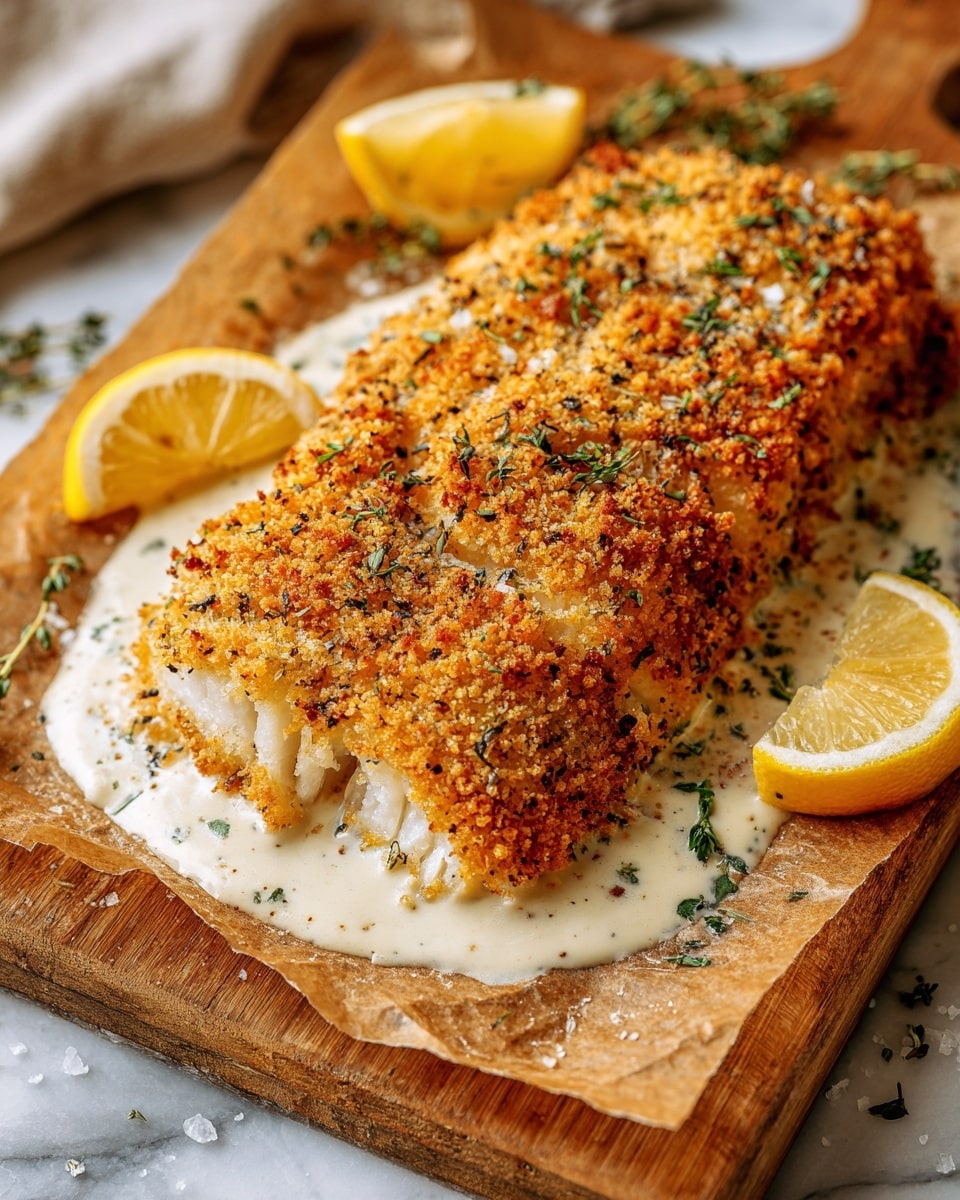 This image shows a golden-brown baked fish fillet coated with crispy, speckled breadcrumbs and herbs on top, resting on a light cream-colored sauce that has green herb flakes in it. The fillet is thick with visible soft, flaky layers inside where it has been sliced into three pieces at one end. Around the fish, there are a few lemon wedges with bright yellow flesh and white pith, placed on brown parchment paper. The parchment paper sits on a wooden cutting board, which contrasts with the white marbled surface underneath. Some scattered coarse salt and fresh herb sprigs add texture and color to the scene. Photo taken with an iphone --ar 4:5 --v 7