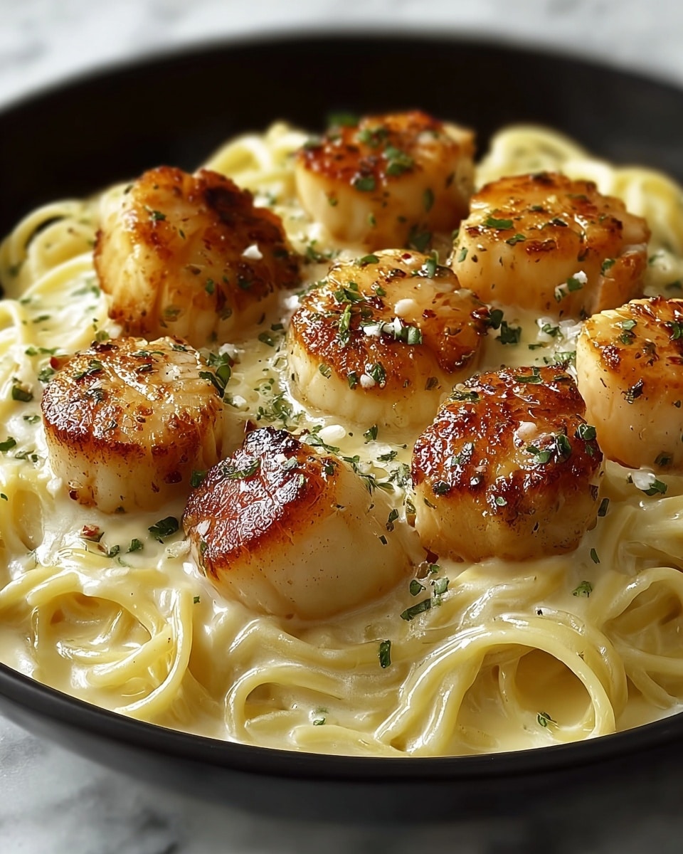 A close-up view of a white bowl filled with creamy pasta at the base, coated in a smooth, light beige sauce. On top, there are two layers of golden-brown seared scallops, evenly spread and glossy with a slight charred texture, glistening under soft lighting. Small green herb pieces are sprinkled over the scallops and sauce, adding color contrast. The background is a white marbled texture, highlighting the dish's rich and textured look. photo taken with an iphone --ar 4:5 --v 7