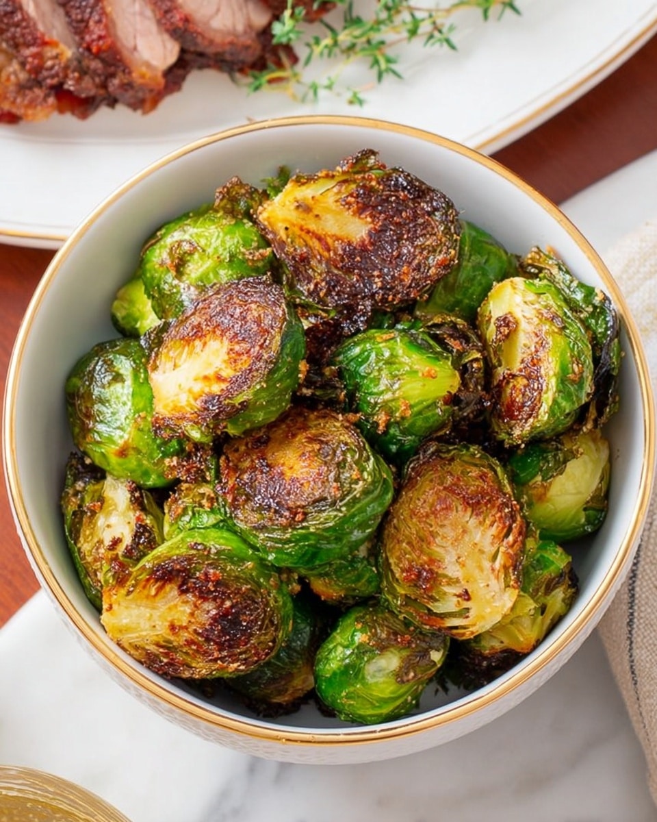 A white bowl with a gold rim is full of cooked Brussels sprouts. The Brussels sprouts are cut in half, showing layers of green leaves with crispy, brown, and slightly charred edges. The texture looks crunchy on the outside with a softer inside. The bowl is placed on a white marbled surface, with part of a white plate holding some sliced meat visible nearby. The overall look is warm and inviting, with bright green and deep brown colors in the Brussels sprouts. photo taken with an iphone --ar 4:5 --v 7