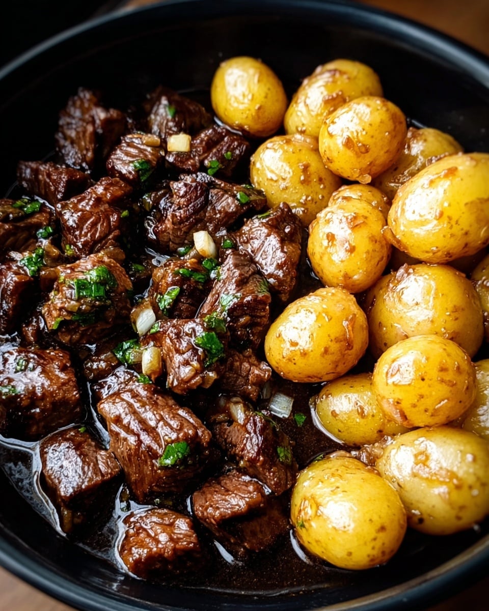 The image shows a close-up of a black pot filled with two main layers: on the left side, there are many pieces of dark brown slow-cooked beef chunks with a shiny, slightly oily texture, coated with herbs and small bits of onions, giving a rich, savory look; on the right side, there is a group of whole golden-yellow baby potatoes with a smooth, slightly glossy surface sprinkled with black pepper and small herb bits, all cooked in the same sauce blending the layers visually. The pot sits on a white marbled texture. Photo taken with an iphone --ar 4:5 --v 7