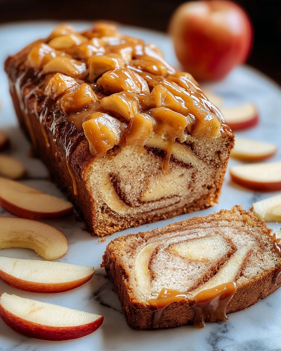 The image shows a loaf-shaped apple cinnamon cake with two visible layers: the base is a light brown, soft cake with swirls of cinnamon, while the top layer consists of golden brown apple chunks coated in a shiny caramel glaze, giving a glossy look. The cake is sliced, revealing the inside swirl pattern, and the glaze drips slightly down the sides. Around the cake, thin slices of apple with red skin and pale flesh are scattered on a white marbled surface in soft light. photo taken with an iphone --ar 4:5 --v 7