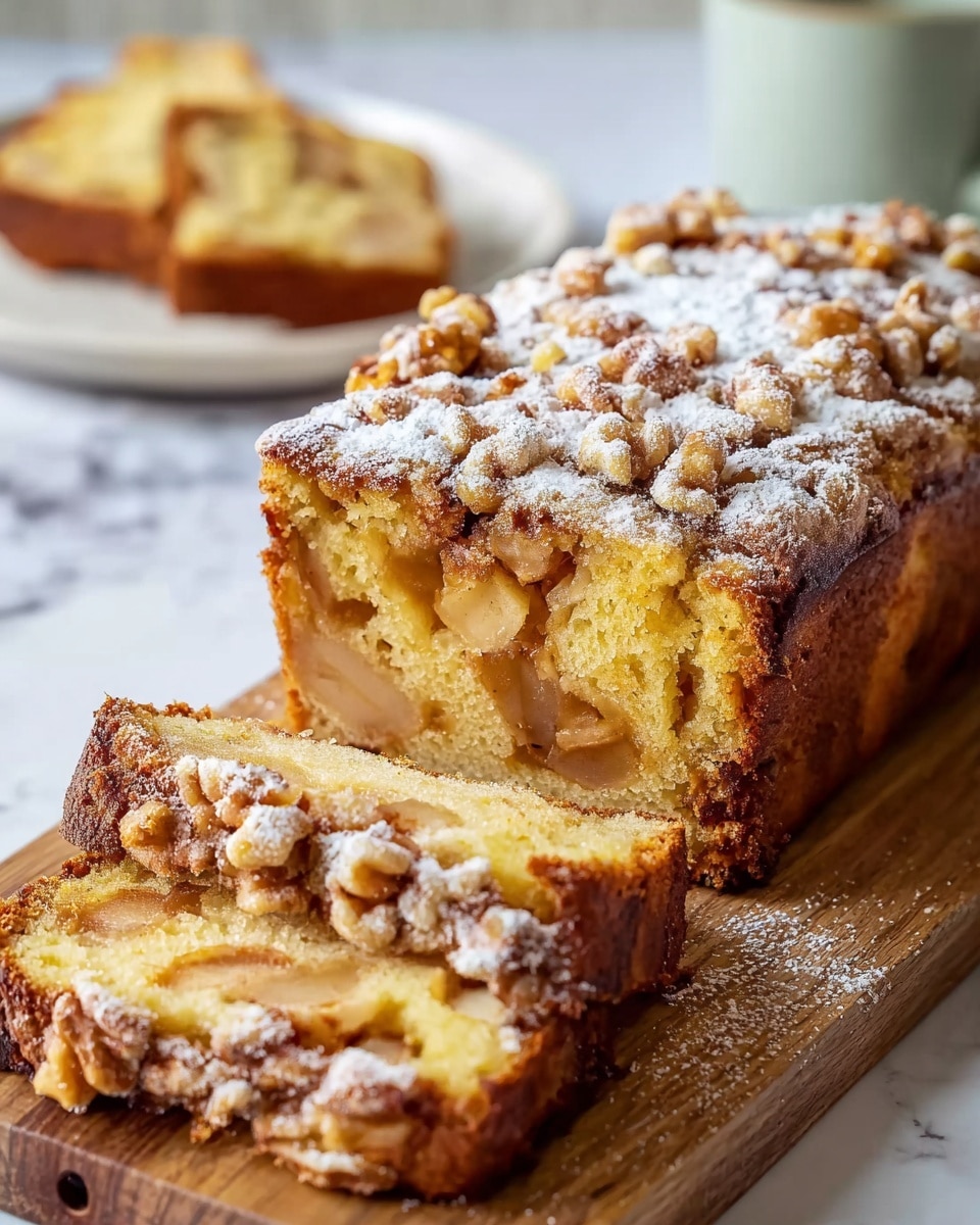 A loaf cake sits on a wooden board with two thick slices cut and lying in front; the cake has a soft yellow crumb showing chunks of apple inside, with a golden brown top layer sprinkled with crunchy walnuts and dusted with powdered sugar, giving a textured look of white spots on the rough walnut surface. In the background, a white plate with another slice can be seen on a white marbled surface. Photo taken with an iphone --ar 4:5 --v 7