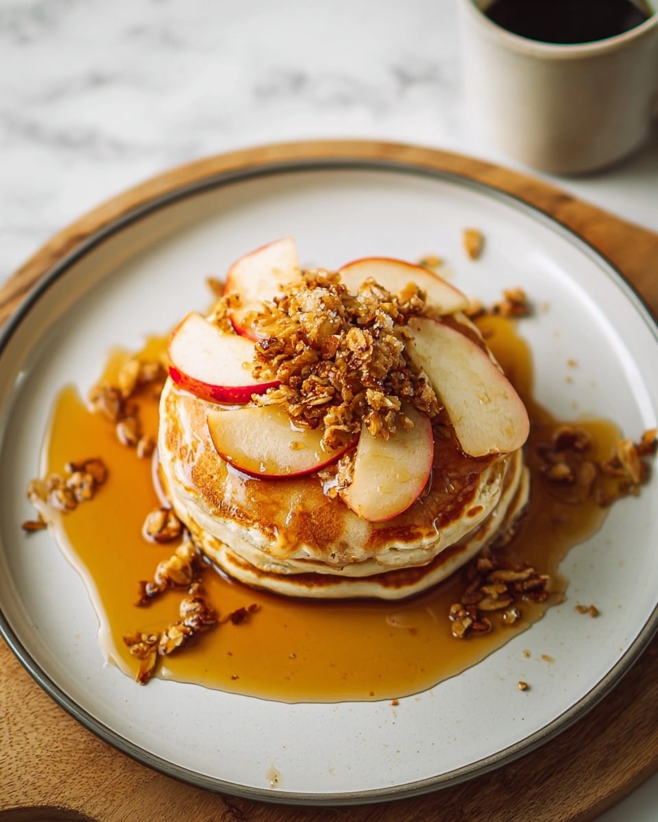 A stack of three golden-brown pancakes sits in the center of a white plate with a thin gray rim. Between and on top of the pancakes, thin, light beige apple slices with red edges are layered evenly. The top layer is garnished with a sprinkle of crunchy granola and is drizzled generously with amber-colored syrup that pools around the base of the stack. The plate rests on a white marbled surface. Photo taken with an iphone --ar 4:5 --v 7