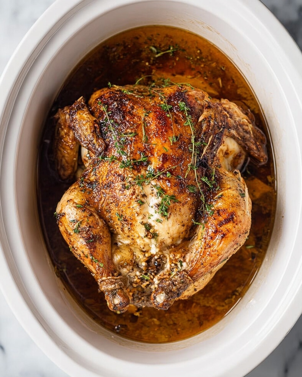 A whole cooked chicken with golden-brown, crispy skin seasoned with herbs sits in a white slow cooker filled with a shallow layer of rich, brown cooking juices. The chicken is positioned flat with its breast side up, and you can see the legs and wings tucked in around the body. Small bits of herbs are scattered over the skin, adding a green speckled texture. The slow cooker rests on a white marbled surface. photo taken with an iphone --ar 4:5 --v 7