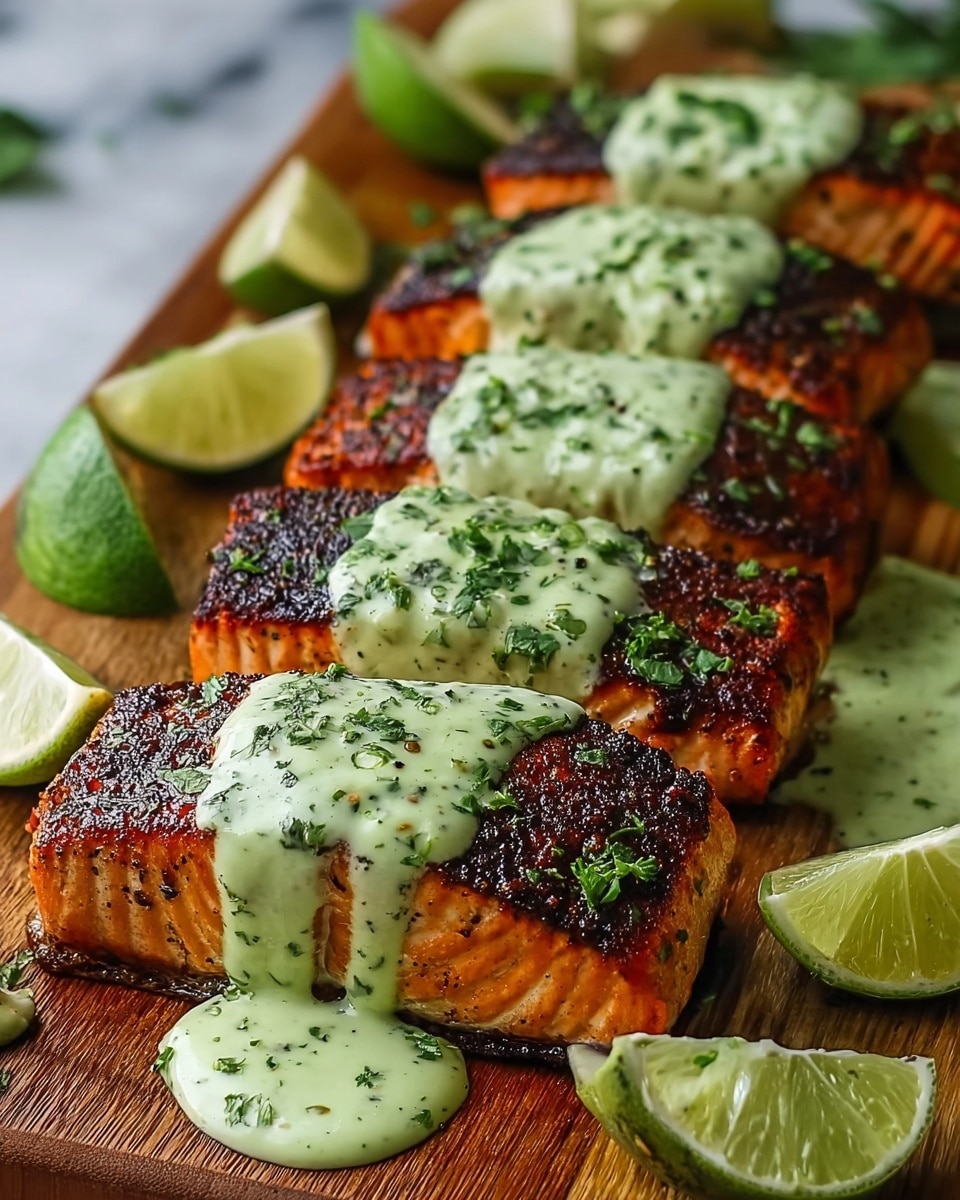 The image shows several thick pieces of grilled salmon placed in a row on a wooden board, each piece with a crispy, dark brown, slightly charred outer layer sprinkled with green herbs. On top of each salmon piece is a thick drizzle of light green creamy sauce with visible herb specks, flowing down the sides. Bright green lime wedges are placed between the salmon pieces, adding a fresh element. The background is a white marbled texture. photo taken with an iphone --ar 4:5 --v 7