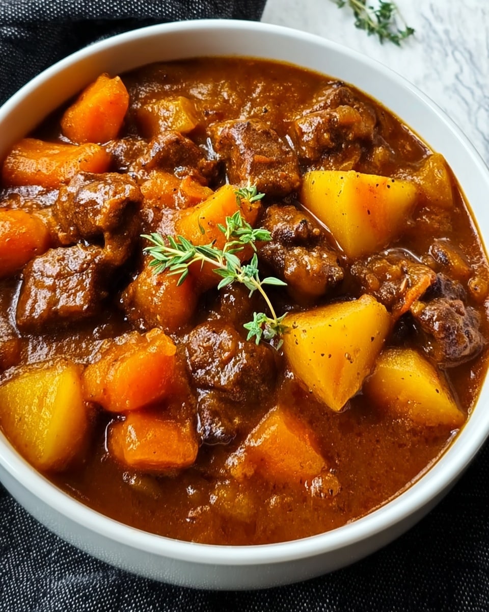 A white bowl filled with a rich beef stew that has three main layers: chunky orange carrots, yellow potatoes, and dark brown tender beef pieces all mixed in a thick brown sauce. The stew has a glossy look with small bits of cooked onion mixed in. On top, there is a small green sprig of thyme placed in the center. The bowl is on a dark fabric, and the background shows a white marbled texture. photo taken with an iphone --ar 4:5 --v 7
