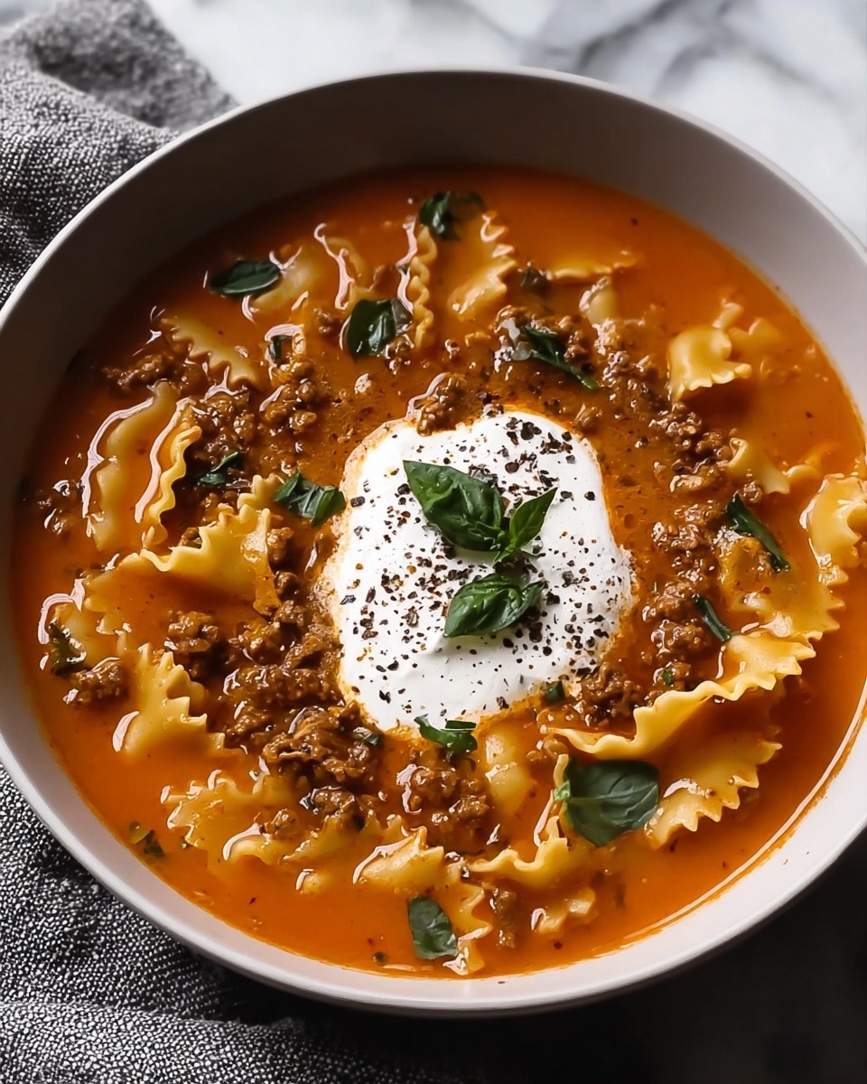 A white bowl filled with thick, orange-red soup containing wavy-edged pasta pieces scattered throughout the bowl. There are crumbled browned meat bits spread evenly in the soup, along with visible small green herbs. In the center, there is a dollop of smooth white cream topped with cracked black pepper and fresh dark green herb leaves. The bowl sits on a white marbled surface with a gray cloth partially visible. Photo taken with an iphone --ar 4:5 --v 7