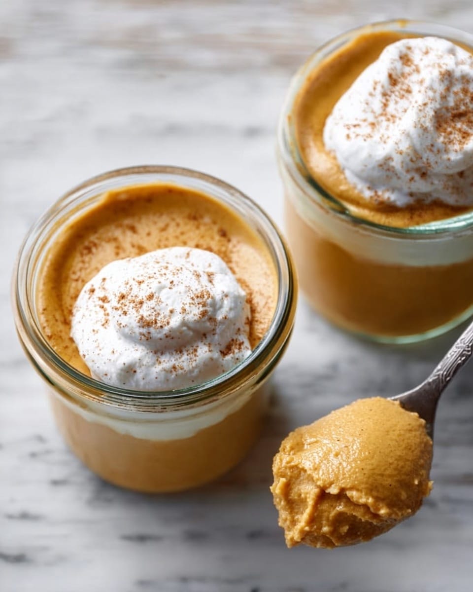 The image shows two glass jars filled with a creamy, smooth pumpkin-colored dessert layered at the bottom, topped with a soft, white dollop of whipped cream sprinkled lightly with brown spices. One jar is seen from a close top view, clearly showing the thick pumpkin layer beneath the whipped topping. Nearby, a spoon holds a scoop of the same pumpkin dessert, displaying its thick, smooth texture. The jars are set on a white marbled surface. Photo taken with an iphone --ar 4:5 --v 7