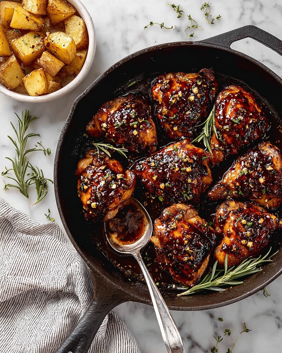 A black cast iron pan filled with nine pieces of grilled chicken covered in a shiny dark brown glaze and sprinkled with small bits of herbs and spices, garnished with green rosemary sprigs; on the top left, a white bowl holds golden roasted potato chunks with a slightly crispy texture; a silver spoon rests inside the pan near the bottom right chicken piece; the pan is set on a white marbled surface with scattered rosemary sprigs and a gray and white striped cloth partially visible in the bottom left corner, photo taken with an iphone --ar 4:5 --v 7