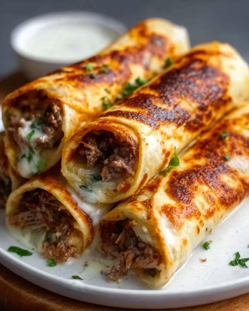 The image shows three rolled crepes stacked on a white plate, each filled with melted cheese, browned ground meat, and fresh green herbs. The crepes are golden brown with a slightly crispy texture on the outside, and the melted cheese oozes slightly from the edges. The filling is thick and visible at the open ends, displaying a mix of light yellow cheese and dark brown meat with some green flecks. In the background, there is a small white bowl with a creamy white sauce. The plate rests on a white marbled surface. Photo taken with an iphone --ar 4:5 --v 7