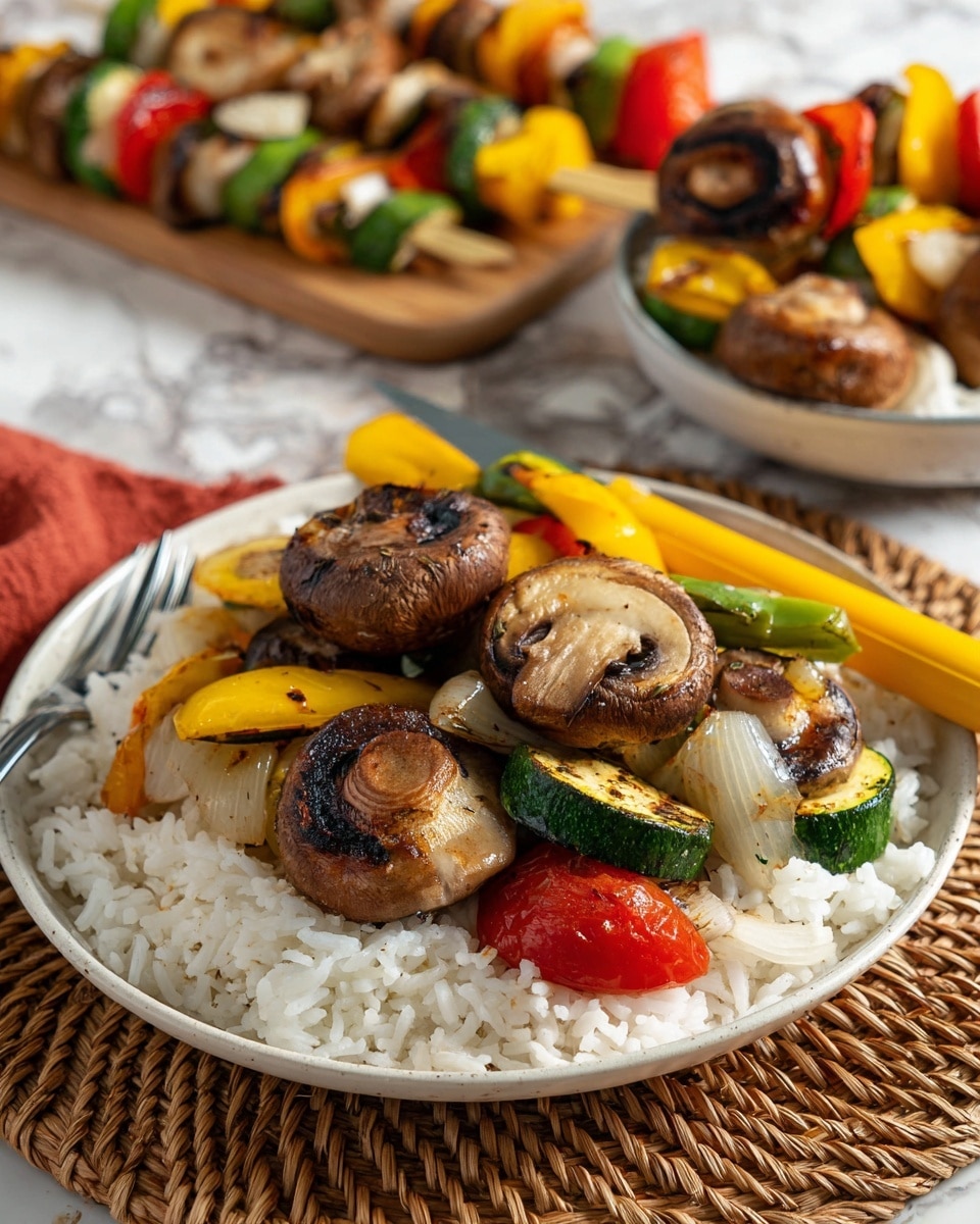 A white plate with a rim holds a colorful serving of grilled vegetables and mushrooms on a base layer of white rice. The first layer is soft, fluffy white rice, covering the whole plate base. On top of the rice, there is a mixed layer of grilled yellow, green, and red bell pepper pieces, sliced zucchini, and white onion chunks with a slightly charred look. The final top layer consists of several grilled brown mushrooms, some whole and some sliced, sitting evenly across the veggies. To the left of the plate, there is a silver fork with a yellow handle resting on the rice edge. Behind the plate, there is a tray with vegetable skewers including mushrooms, zucchini, and bright colored peppers, all on a white marbled surface. There are bowls of white mushrooms and white rice in the background as well. A small brown bowl with brown seasoning is placed near the plate's bottom left. photo taken with an iphone --ar 4:5 --v 7